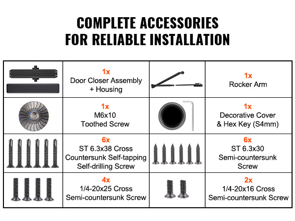 complete set of VEVOR door closer components, including screws, assembly, rocker arm, cover, and hex key.