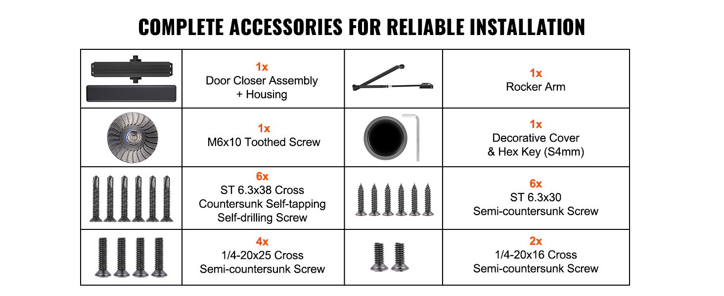 complete set of VEVOR door closer components, including screws, assembly, rocker arm, cover, and hex key.