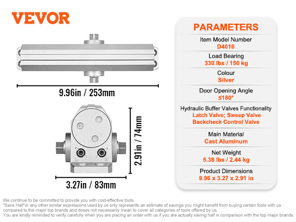 VEVOR door closer model d4016 in silver, dimensions 9.96 x 3.27 x 2.91 inches, load bearing 330 lbs.