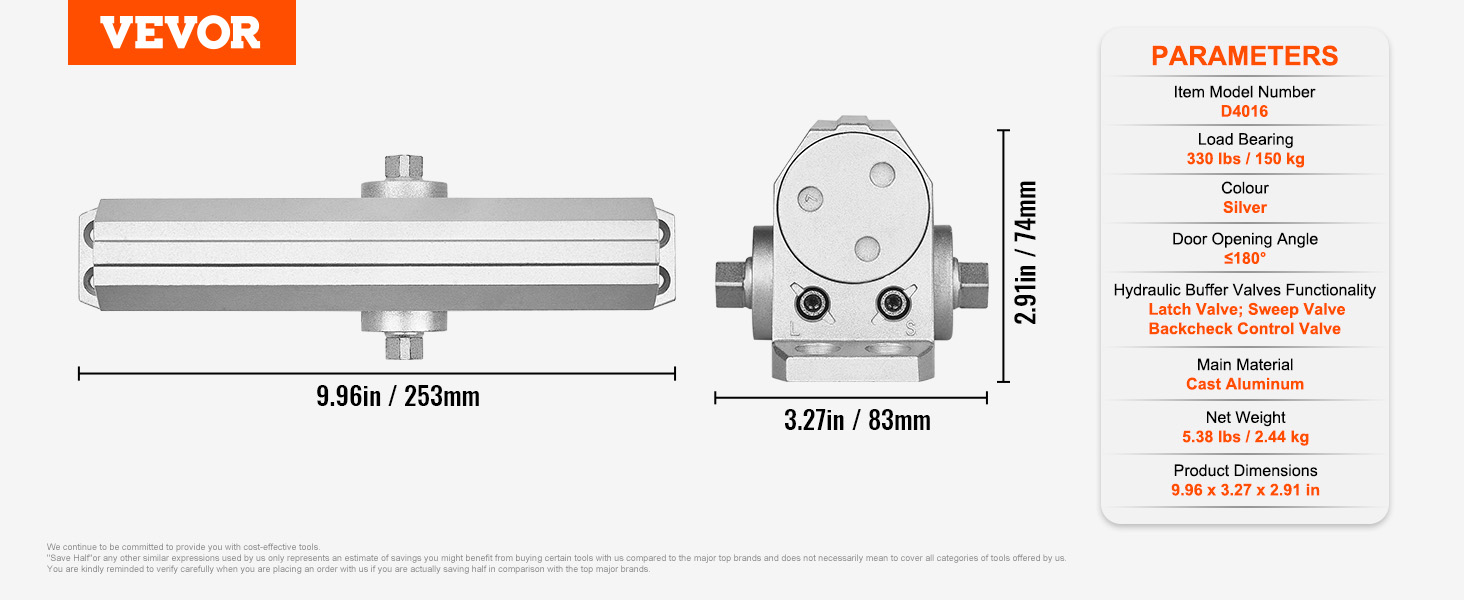 VEVOR door closer model d4016 in silver, dimensions 9.96 x 3.27 x 2.91 inches, load bearing 330 lbs.