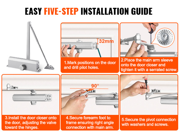 five-step guide to installing VEVOR door closer with visuals: mark holes, attach sleeve, mount device, secure arm, tighten screws.