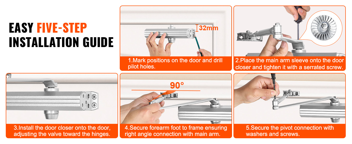 five-step guide to installing VEVOR door closer with visuals: mark holes, attach sleeve, mount device, secure arm, tighten screws.