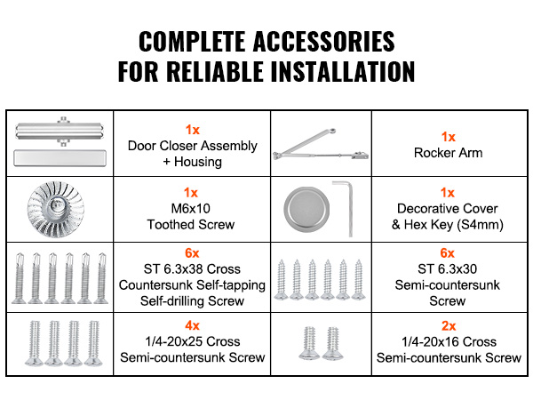 complete accessories for the VEVOR door closer: closer assembly, rocker arm, screws, cover, and hex key.