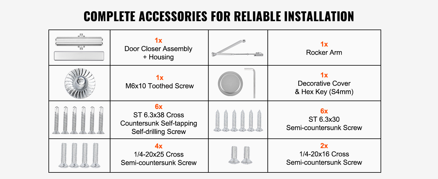 complete accessories for the VEVOR door closer: closer assembly, rocker arm, screws, cover, and hex key.
