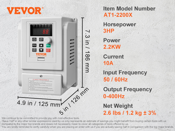 VEVOR vfd 2.2kw at1-2200x, 3hp, ac 220-240v, 10a, 50/60hz, 0-400hz, dimensions 7.3x5x4.9 in.