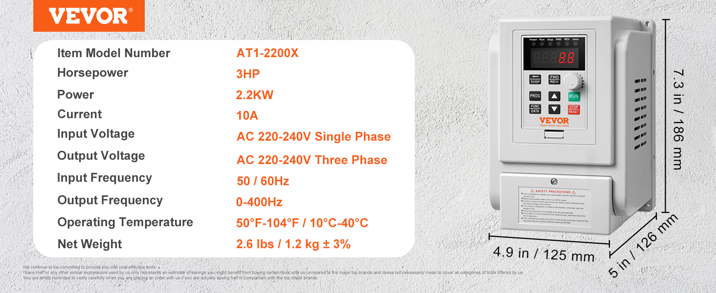 VEVOR vfd 2.2kw at1-2200x, 3hp, ac 220-240v, 10a, 50/60hz, 0-400hz, dimensions 7.3x5x4.9 in.