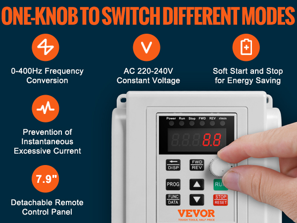 VEVOR vfd 2.2kw display with one-knob control, 0-400hz frequency conversion, and detachable remote panel.