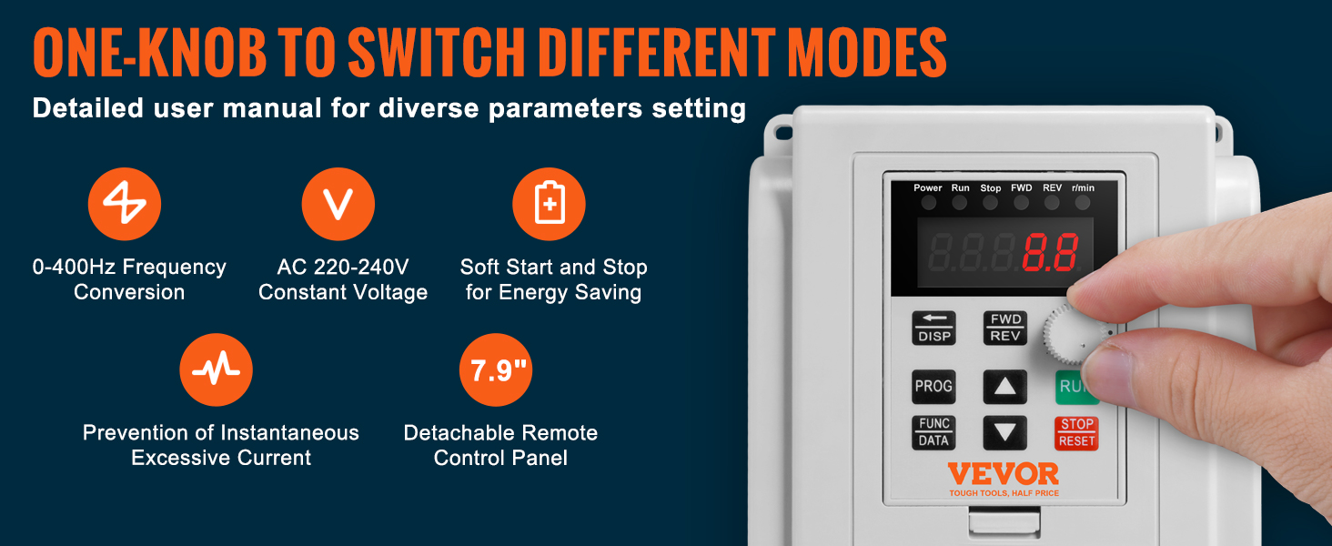 VEVOR vfd 2.2kw display with one-knob control, 0-400hz frequency conversion, and detachable remote panel.