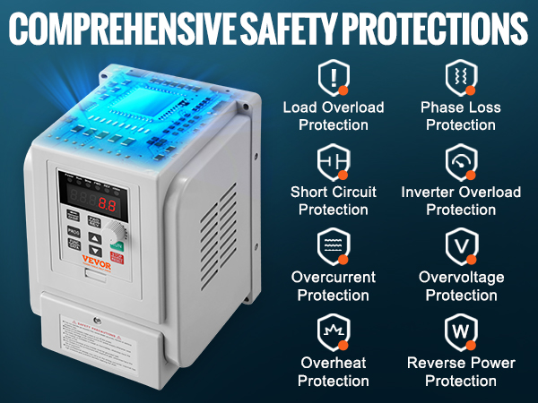 VEVOR vfd 2.2kw with comprehensive safety protections including overcurrent, overvoltage, and overheating.