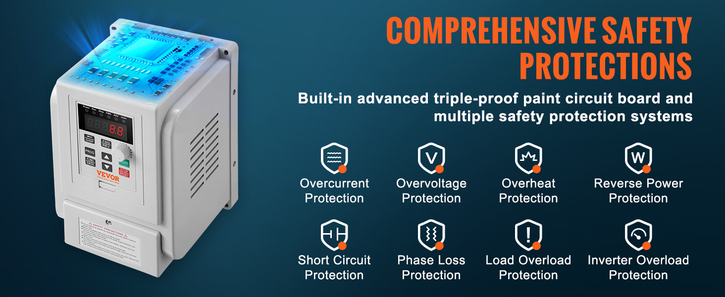 VEVOR vfd 2.2kw with comprehensive safety protections including overcurrent, overvoltage, and overheating.