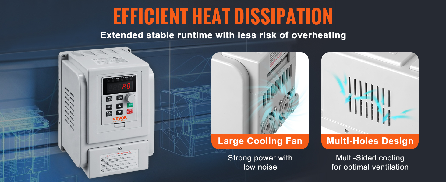 VEVOR vfd 2.2kw with large cooling fan and multi-holes design for efficient heat dissipation.