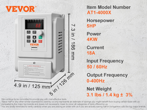VEVOR variable frequency drive (5hp, 4kw, 18a) with dimensions and specifications in an industrial setting.