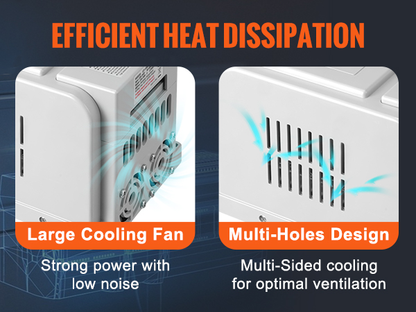 VEVOR variable frequency drive with efficient heat dissipation, large cooling fan, and multi-holes design.