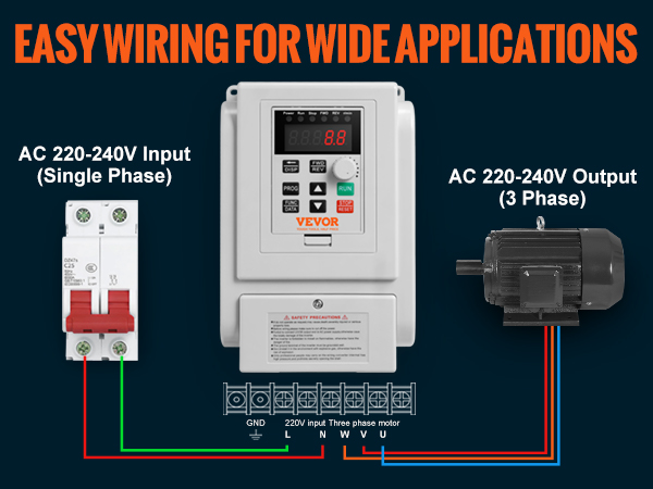 VEVOR variable frequency drive wiring diagram with ac 220-240v input, output, and application guidelines.