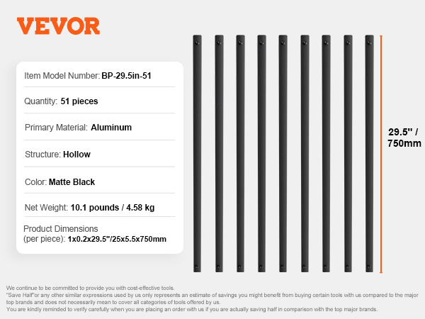 VEVOR staircase metal balusters, matte black, hollow aluminum, 51 pieces, 29.5" each, model bp-29.5in-51.