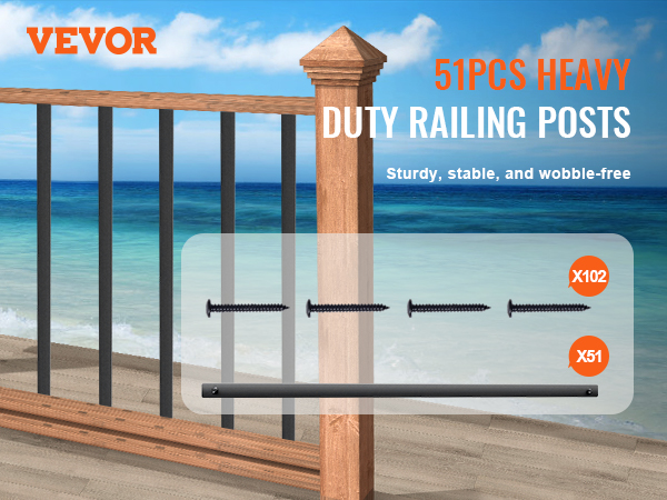 VEVOR staircase metal balusters displayed on a beachside railing, promoting stability and durability.