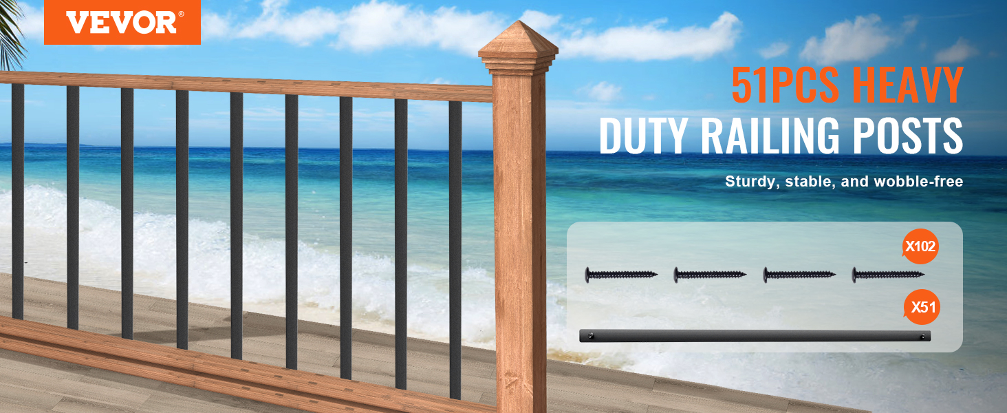 VEVOR staircase metal balusters displayed on a beachside railing, promoting stability and durability.