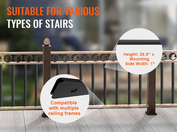 VEVOR staircase metal balusters suitable for various types of stairs, compatible with multiple railing frames.