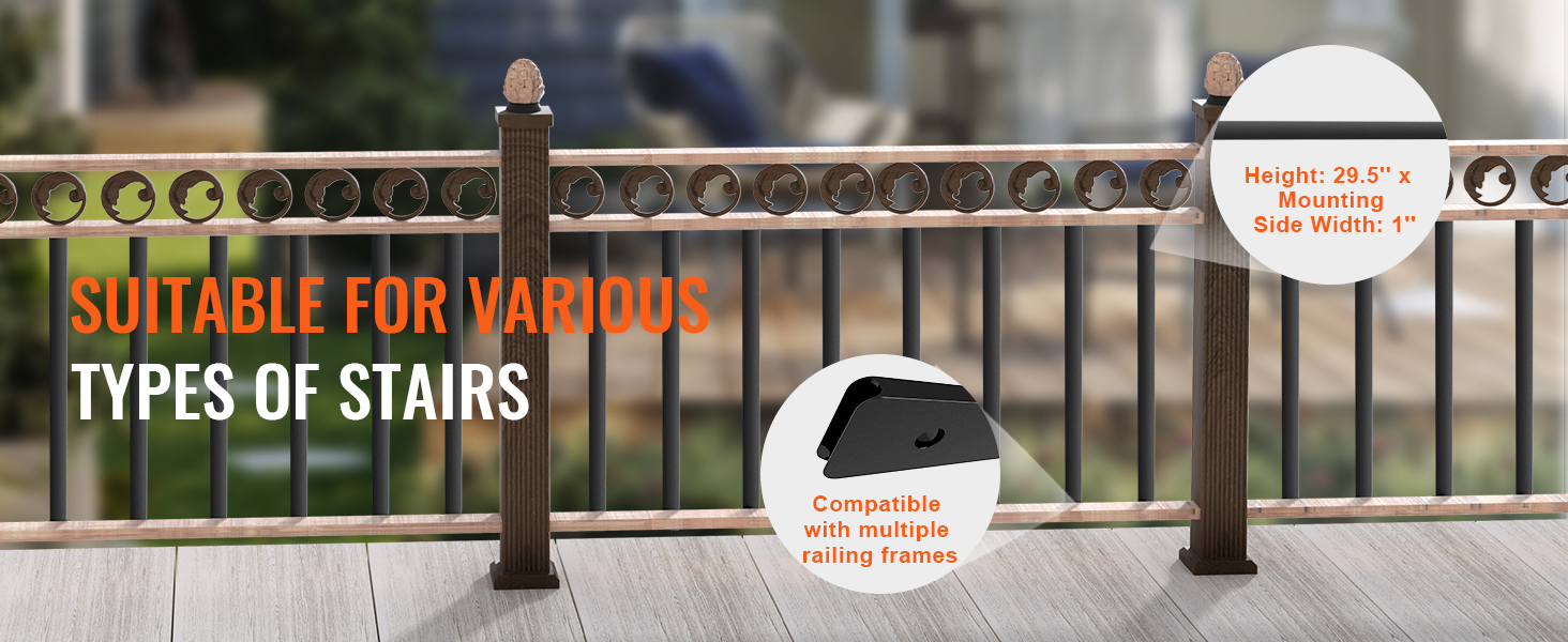 VEVOR staircase metal balusters suitable for various types of stairs, compatible with multiple railing frames.