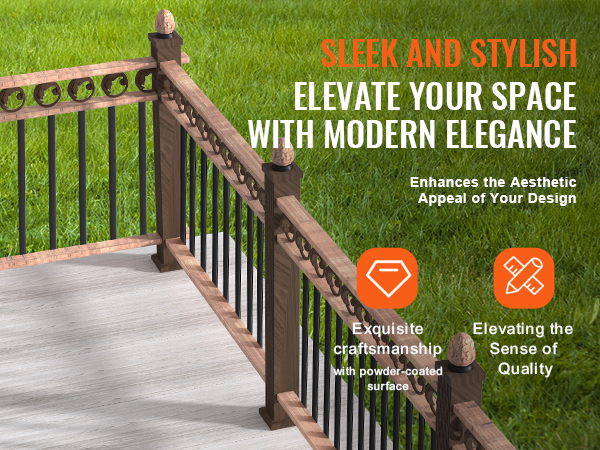 wooden deck with black VEVOR staircase metal balusters, green lawn background, promoting elegance and quality.