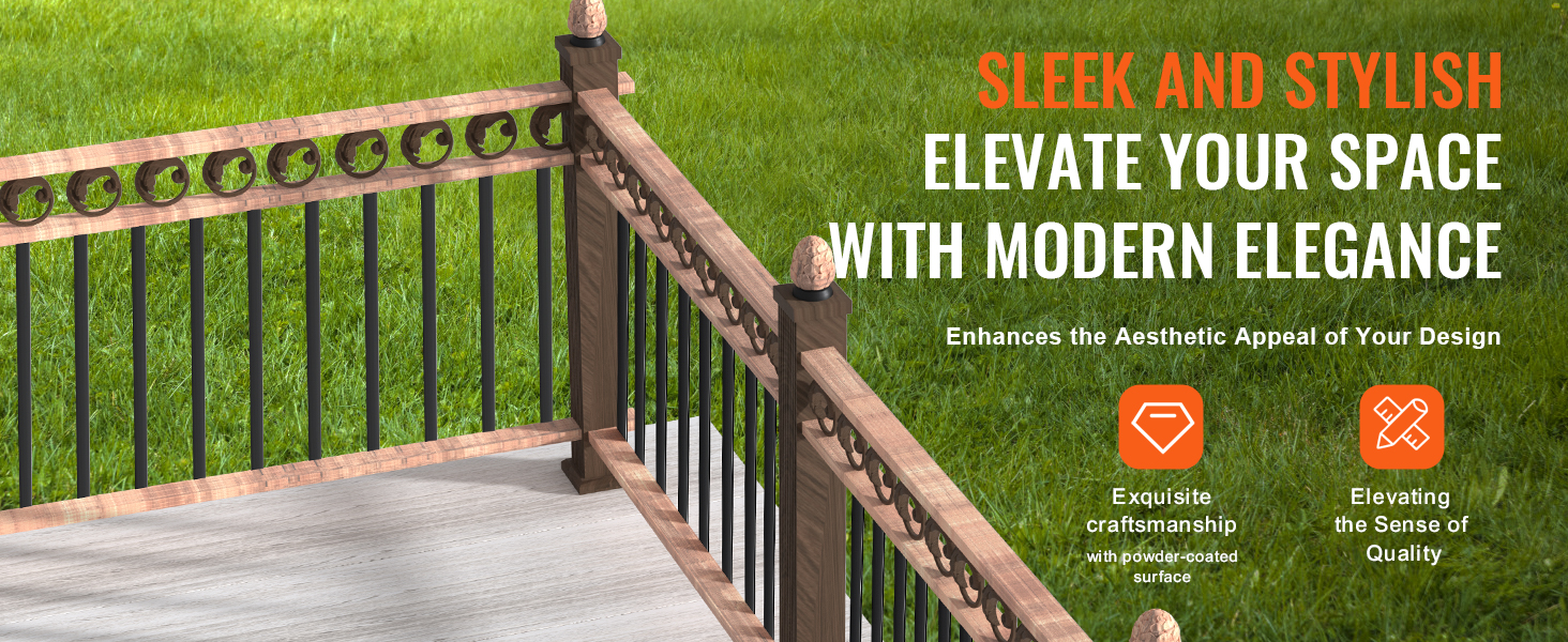 wooden deck with black VEVOR staircase metal balusters, green lawn background, promoting elegance and quality.