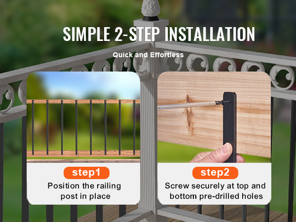 simple 2-step installation of VEVOR staircase metal balusters with easy positioning and secure screwing.