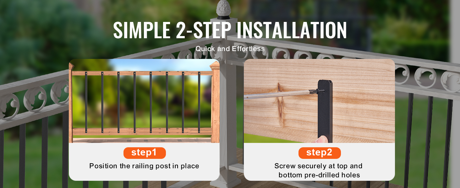 simple 2-step installation of VEVOR staircase metal balusters with easy positioning and secure screwing.