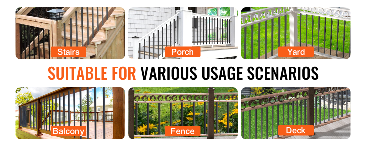 VEVOR staircase metal balusters for stairs, porch, yard, balcony, fence, and deck installations.