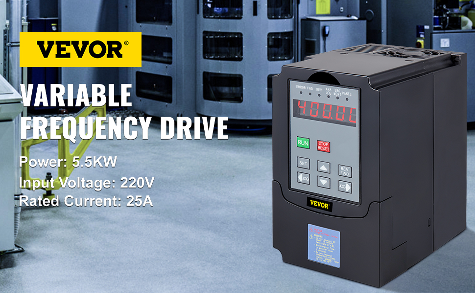 VEVOR cnc vfd in an industrial setting with specifications displayed.