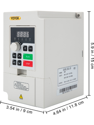 VEVOR variable frequency drive with dimensions shown and control buttons.