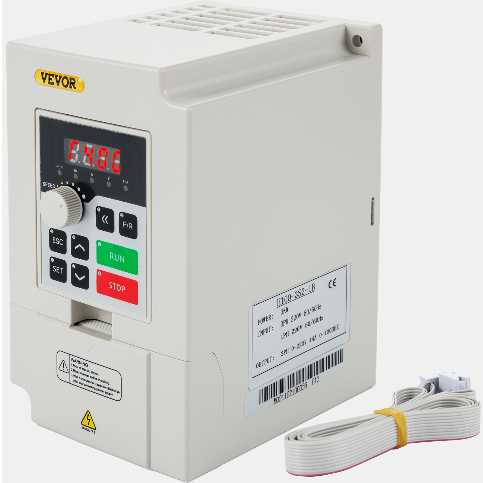 VEVOR variable frequency drive with control panel, led display, and included wiring.