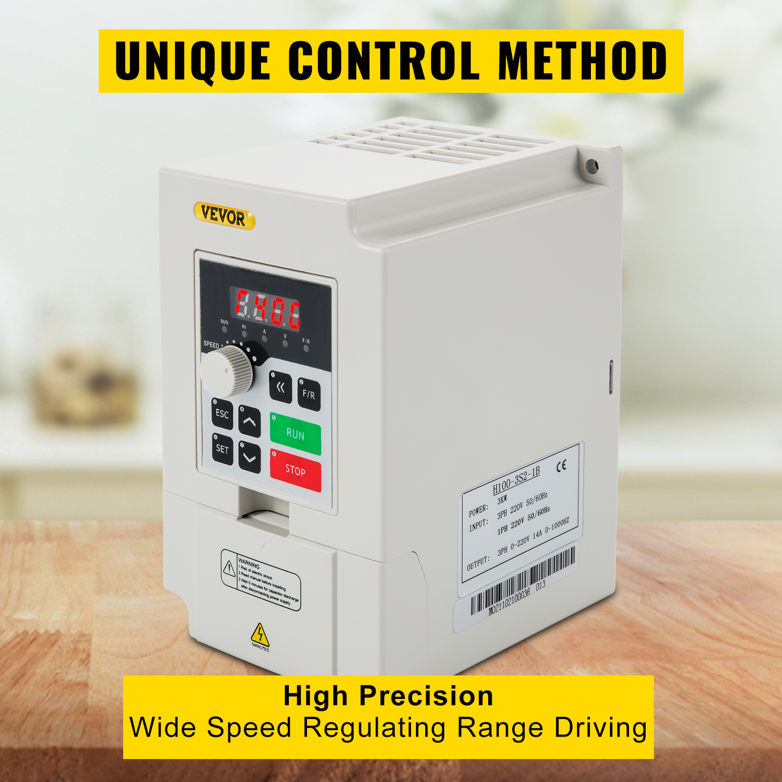 VEVOR variable frequency drive with unique control method and high precision features.