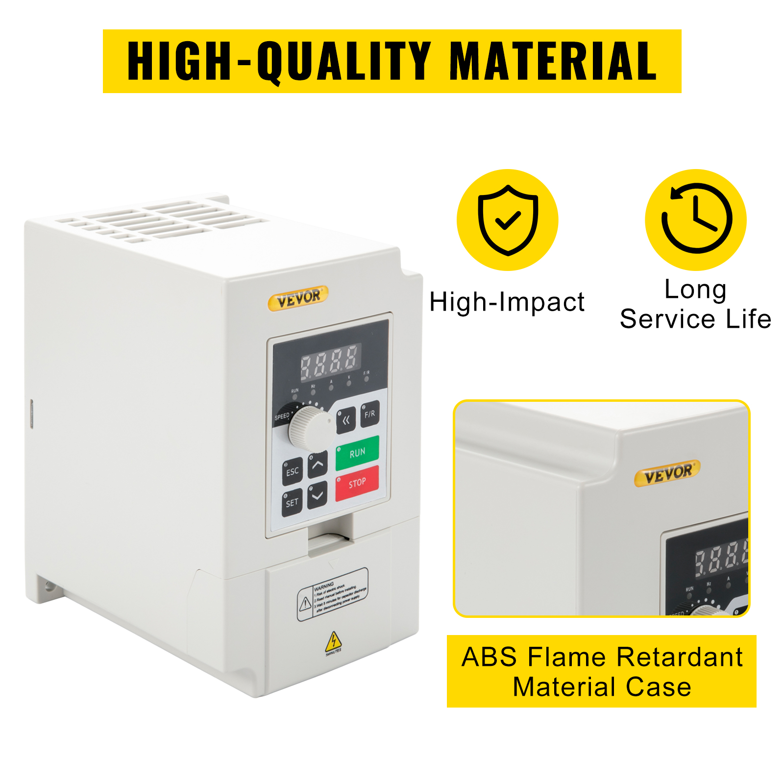 VEVOR variable frequency drive with high-impact abs flame retardant material case.