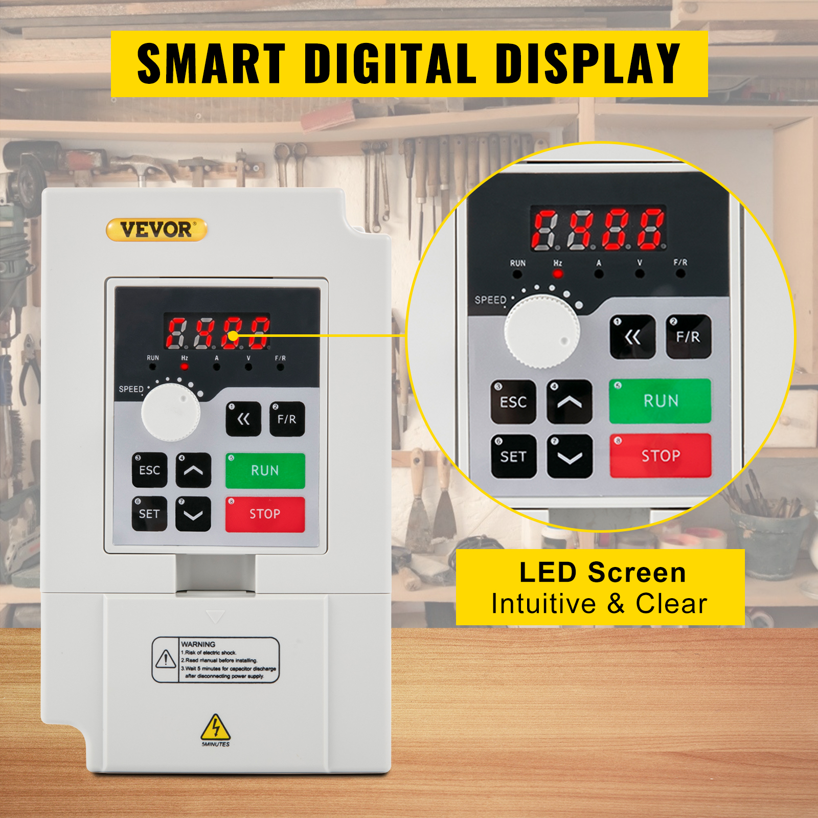 VEVOR variable frequency drive with led display, green run, and red stop buttons.