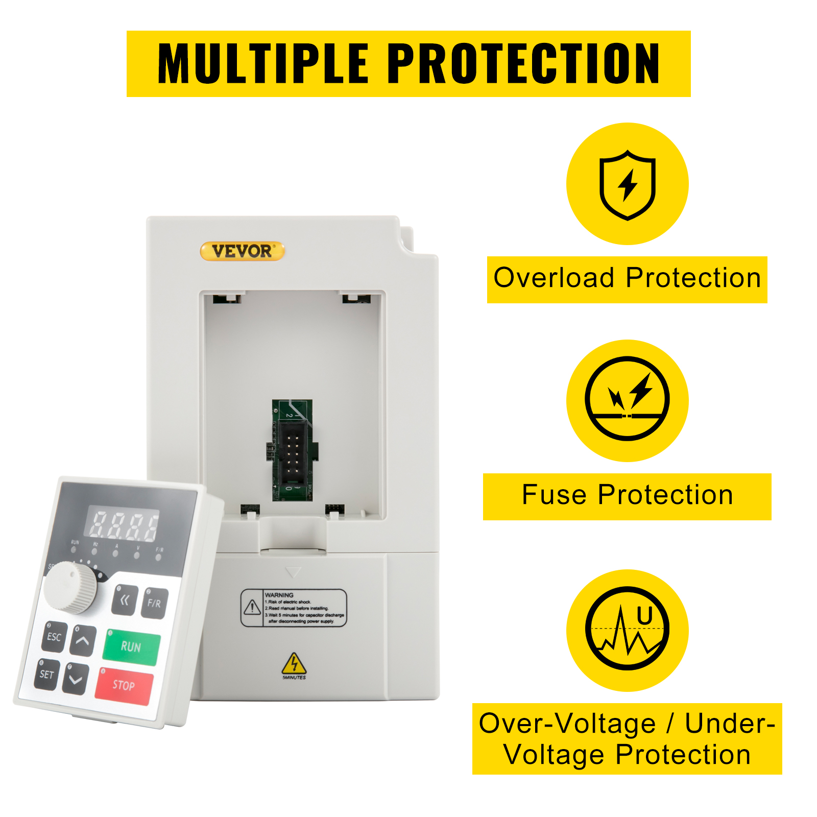 VEVOR variable frequency drive with multiple protection features and control panel.