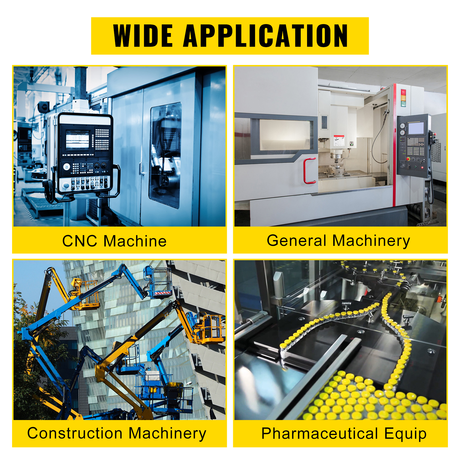 wide application of VEVOR variable frequency drive in cnc, general, and construction machinery, and pharmaceutical equipment.