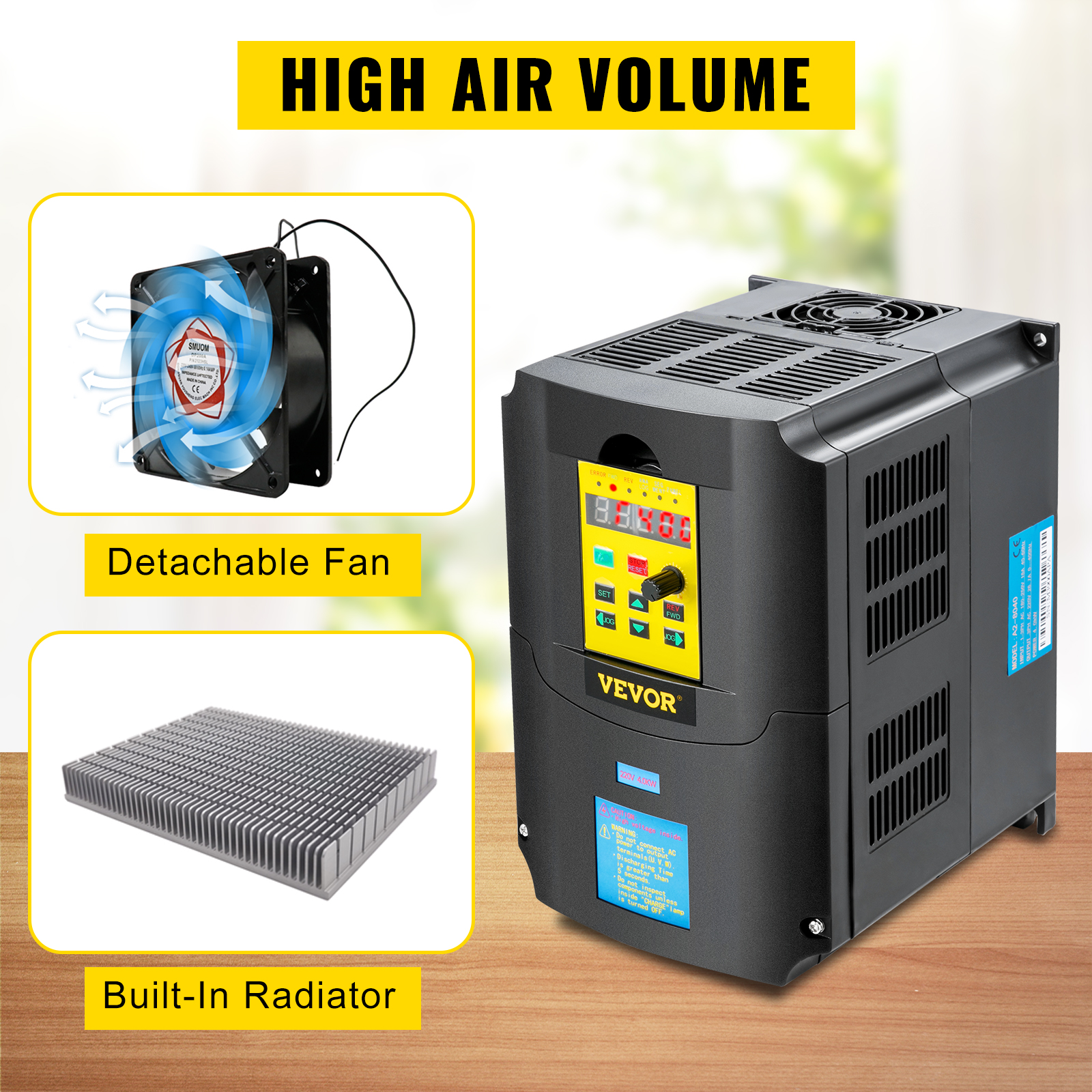 VEVOR variable frequency drive with detachable fan and built-in radiator, high air volume.