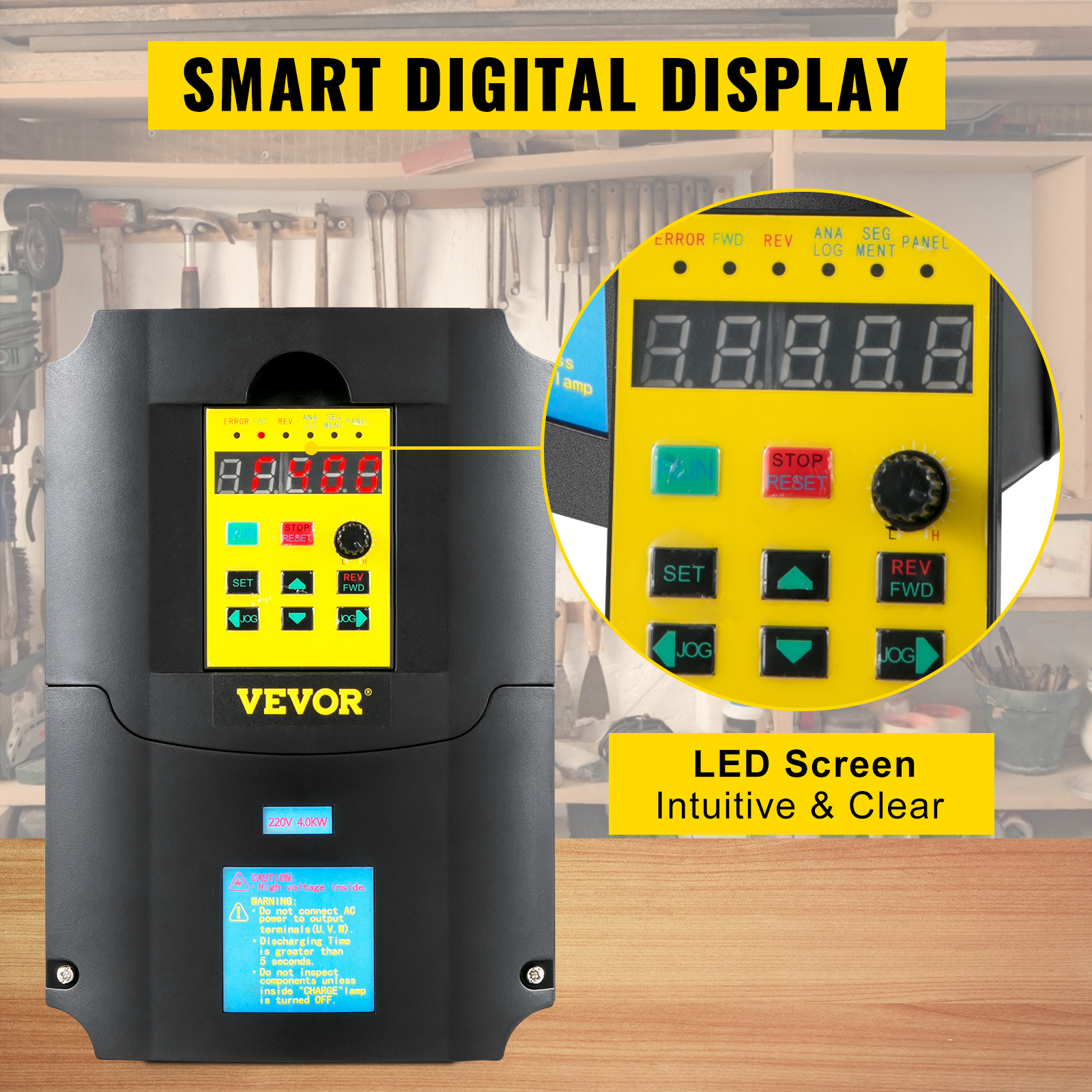 VEVOR variable frequency drive with smart digital display and intuitive led screen.