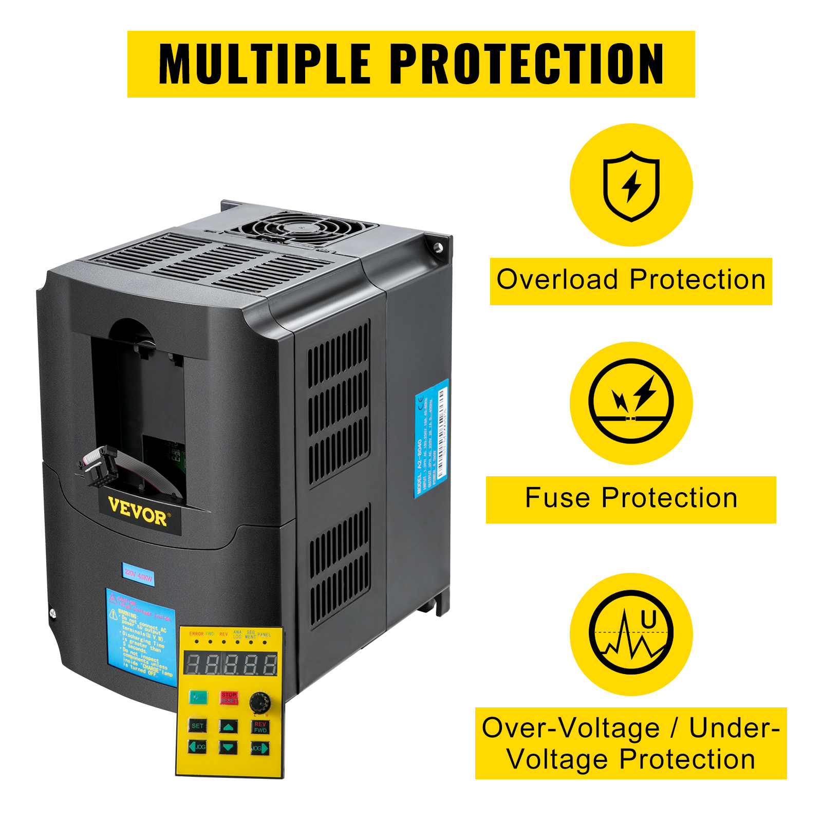 VEVOR variable frequency drive with multiple protection features: overload, fuse, voltage.