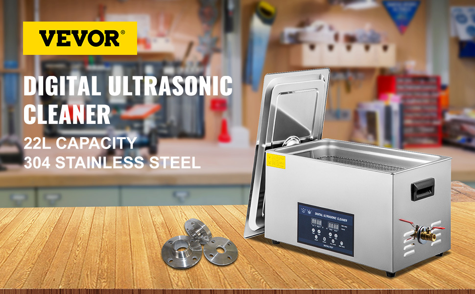 VEVOR ultrasonic cleaner, 22l capacity, 304 stainless steel in workshop setting.
