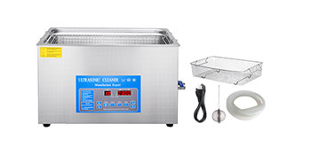 VEVOR ultrasonic cleaner with digital display, basket, power cord, and accessories.