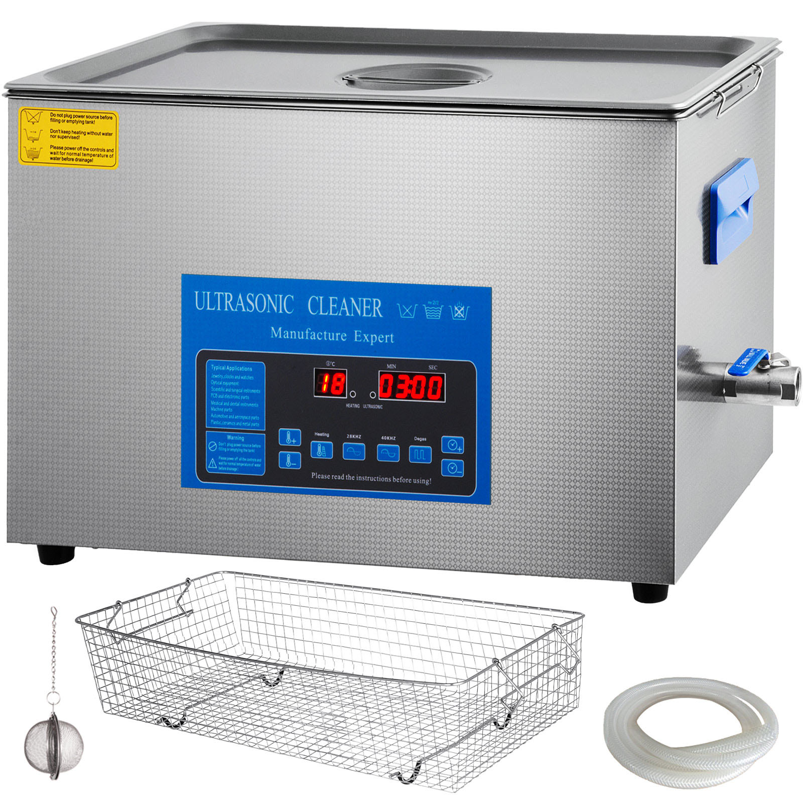 VEVOR ultrasonic cleaner with digital display, metal basket, hose, and power cord accessories.