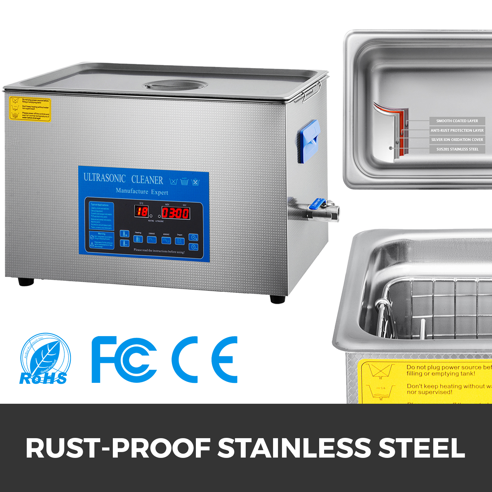 VEVOR ultrasonic cleaner, rust-proof stainless steel, digital display, rohs fcc ce.