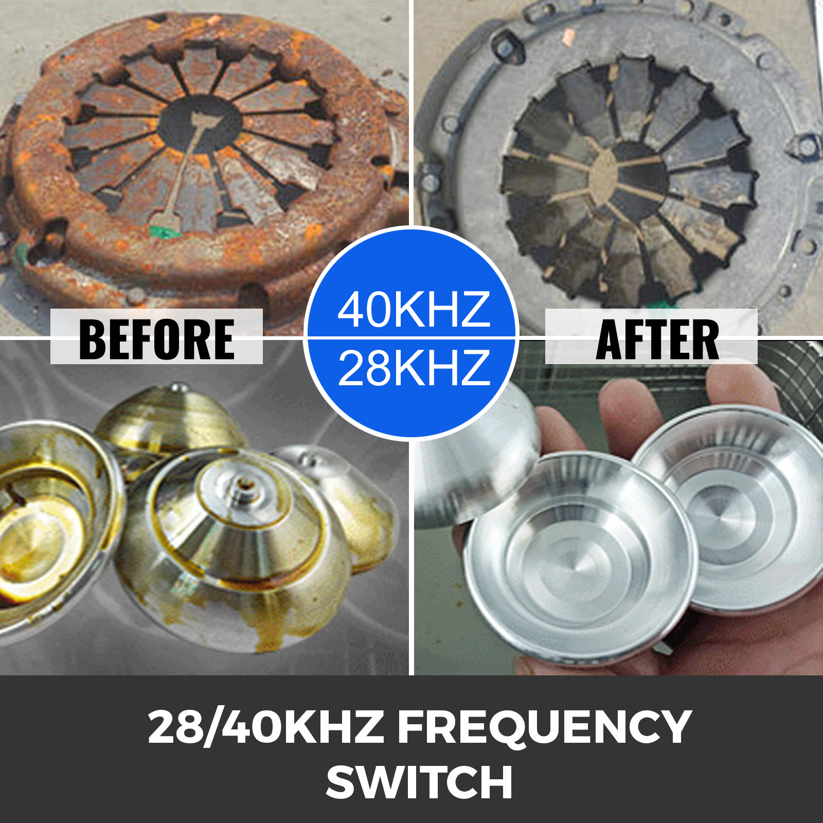 VEVOR ultrasonic cleaner before-and-after cleaning metal parts with 28/40khz frequency switch.