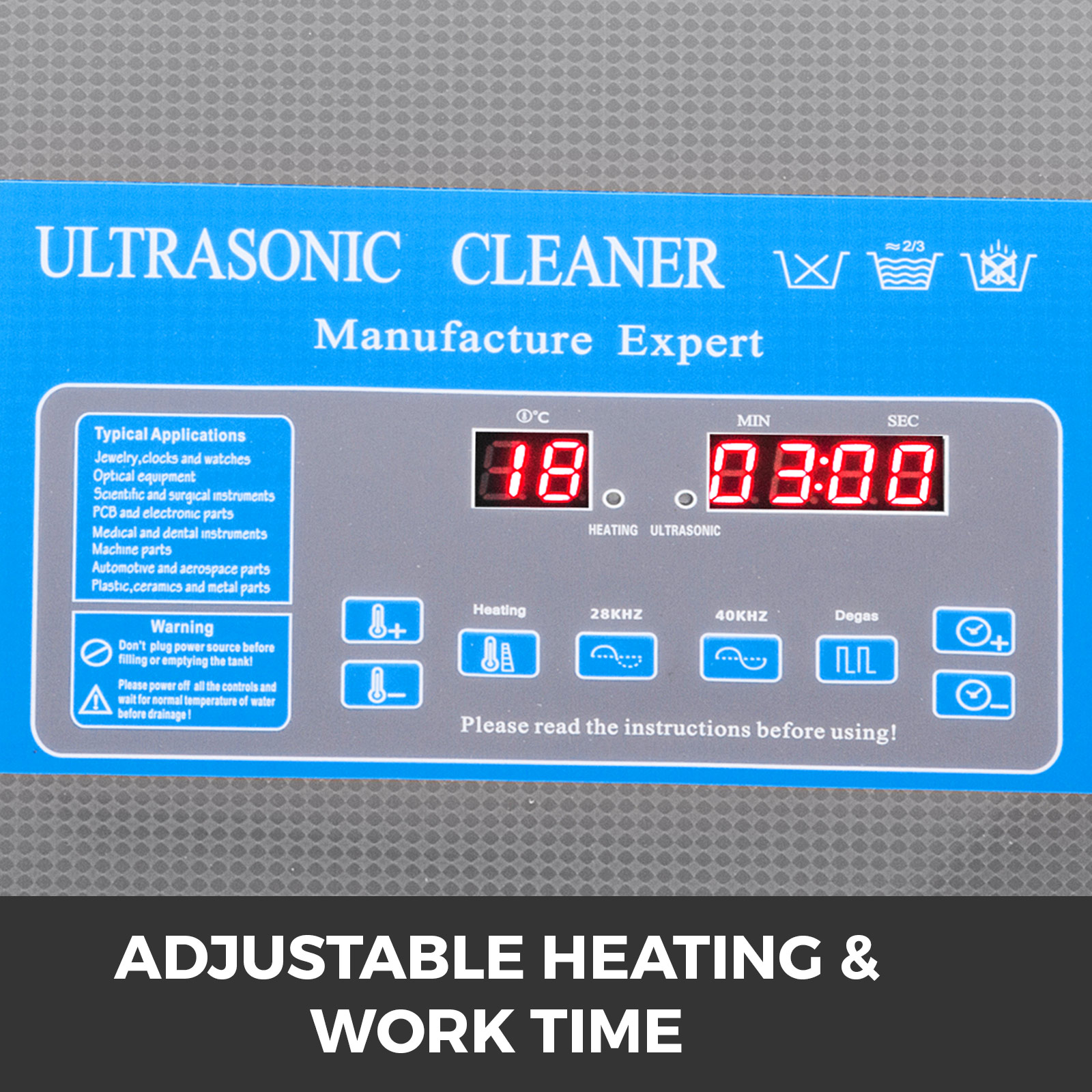 VEVOR ultrasonic cleaner control panel with adjustable heating and time settings.