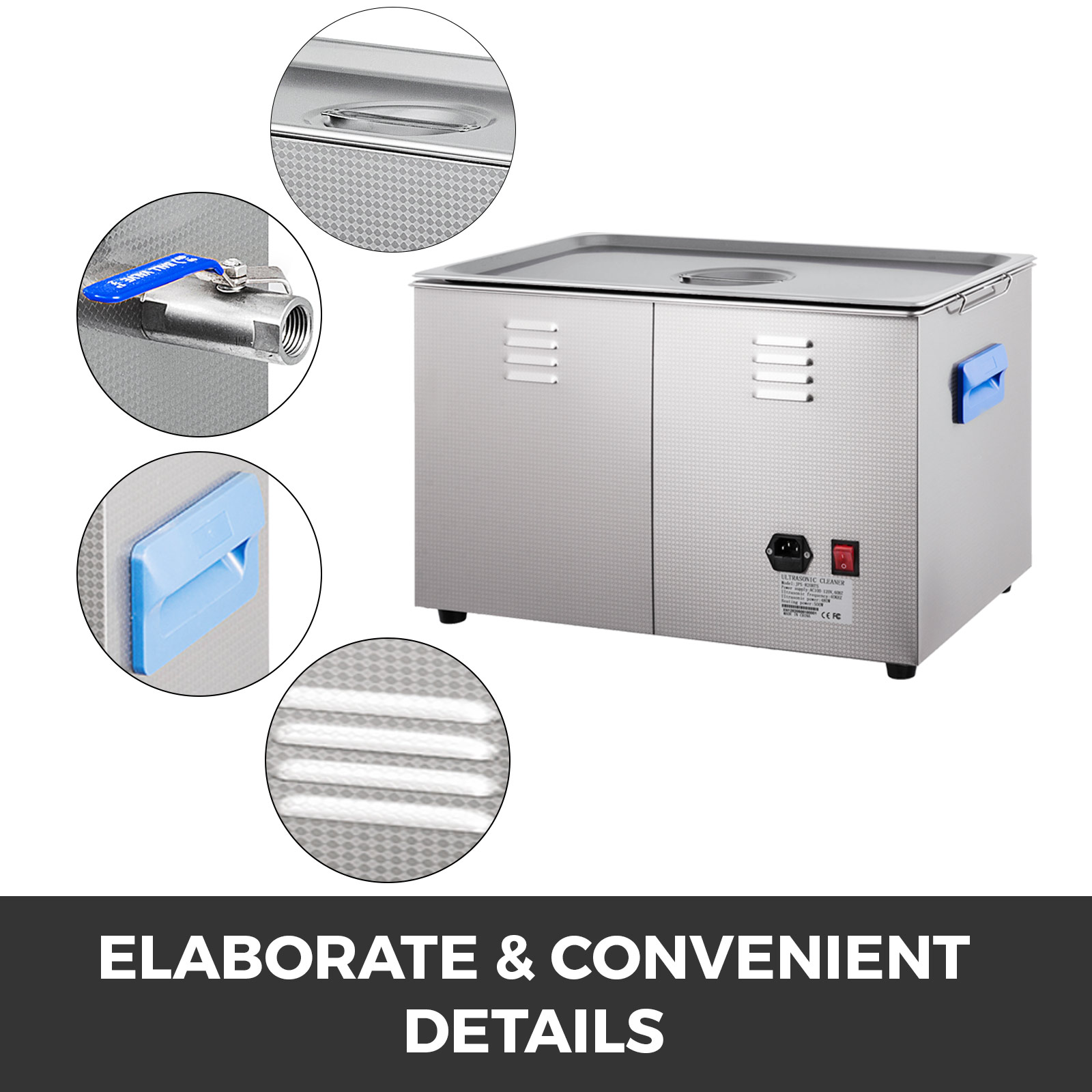 VEVOR ultrasonic cleaner with detailed knobs, drain valve, handles, and vent holes.