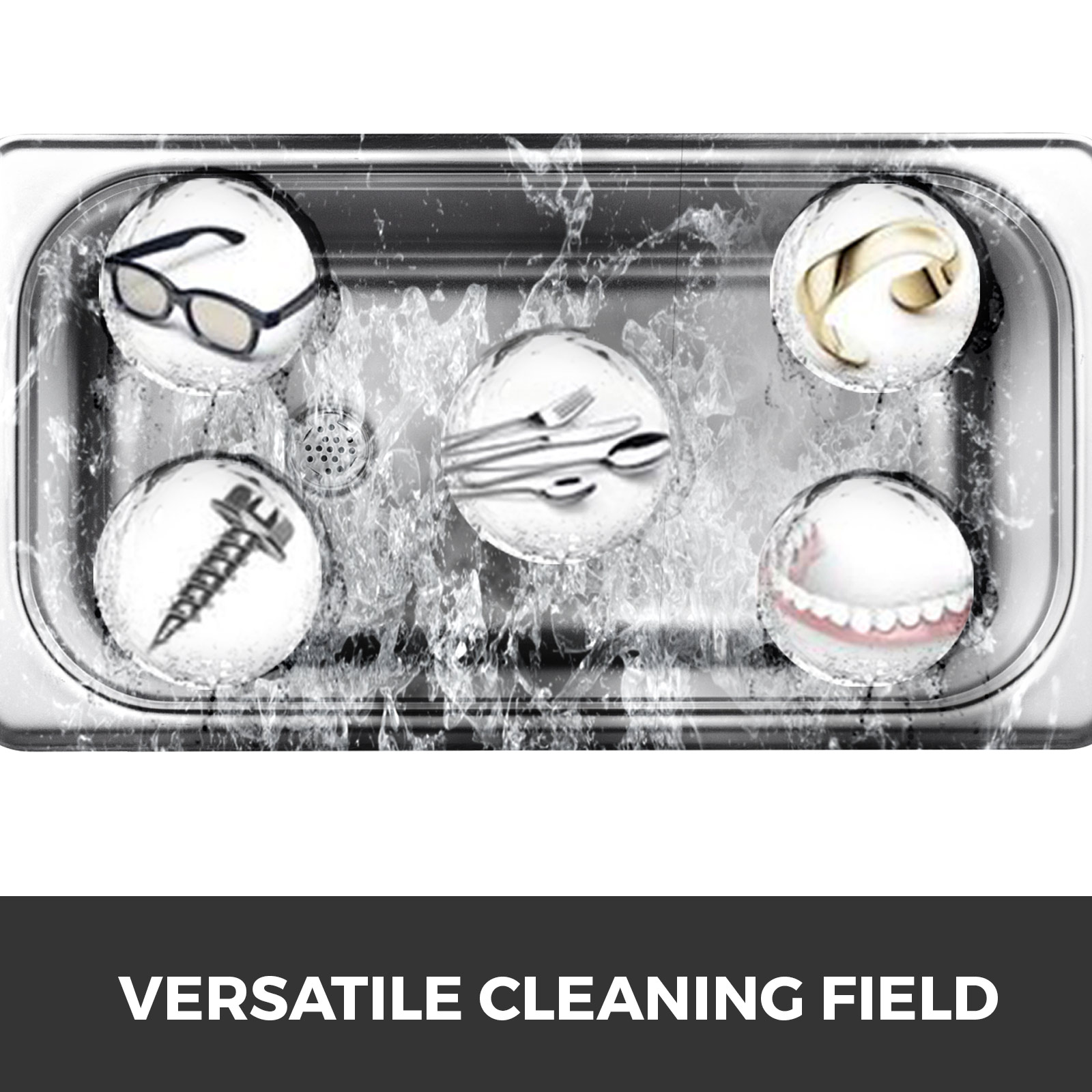 VEVOR ultrasonic cleaner demonstrating versatile cleaning for various items.