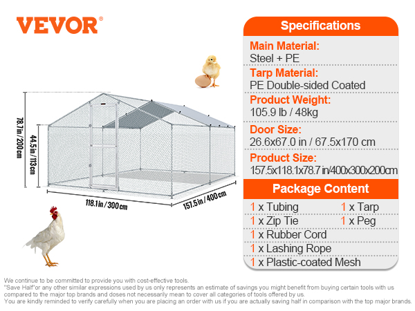 VEVOR metal chicken coop with tarp, steel frame, and mesh, 118.1x157.5x78.7 inches, package details.