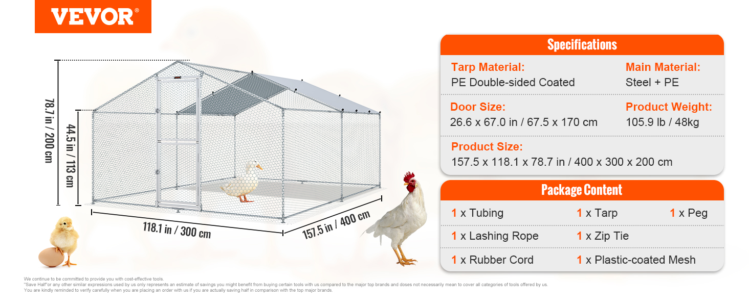 VEVOR metal chicken coop with tarp, steel frame, and mesh, 118.1x157.5x78.7 inches, package details.