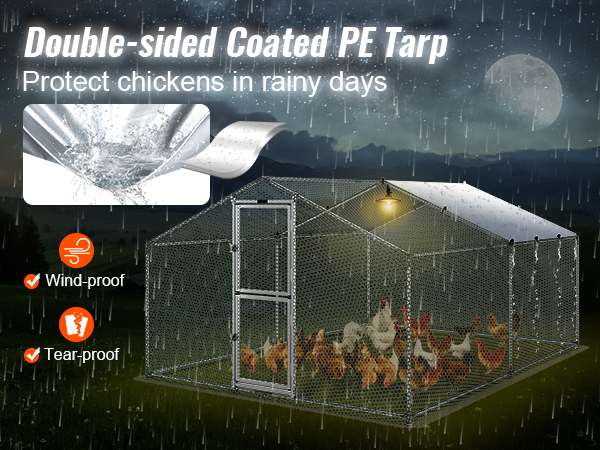 Металлический курятник VEVOR с полиэтиленовым брезентом с двусторонним покрытием, защищающий от ветра и разрывов, от дождя.